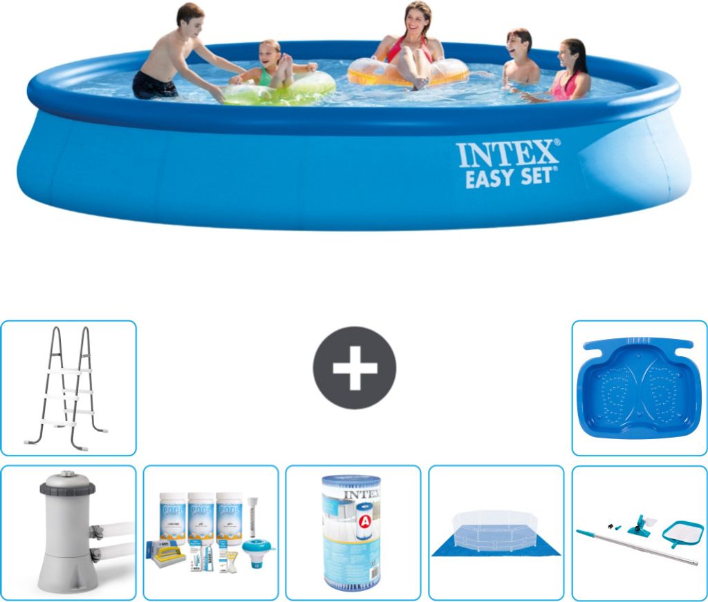 Intex runder aufblasbarer Easy Set-Schwimmpool – 457 x 84 cm – Blau – inklusive Pumpe Wartungspaket - Filter - Bodenplane - Reinigungskit - L...