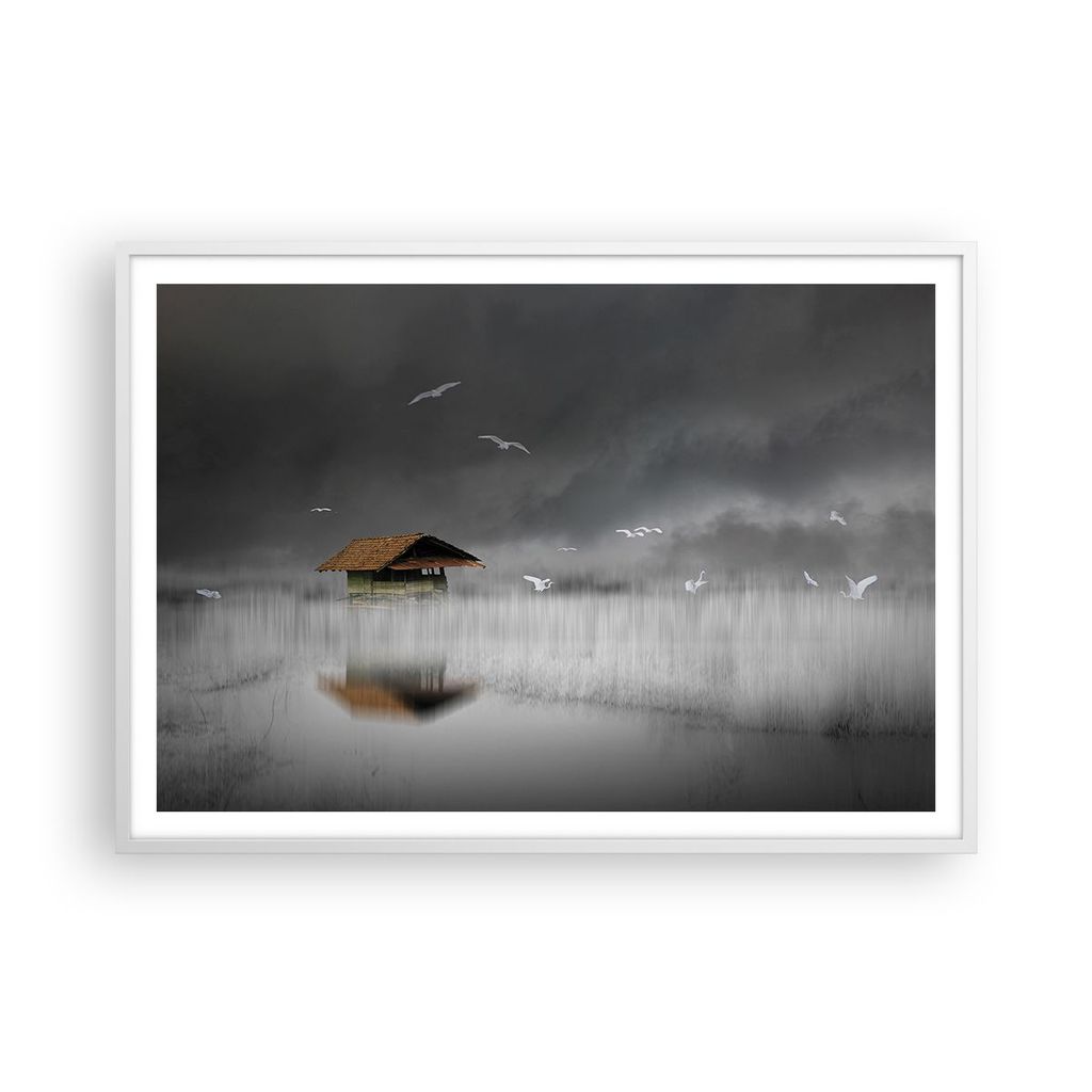 Gerahmtes Poster - Weißer Rahmen - Hütte Nebel Sumpf - 100x70 cm - Wand Bild - Wanddeko - Wandbilder - Kunstposter - Wandposter - Bilderrahmen - ...