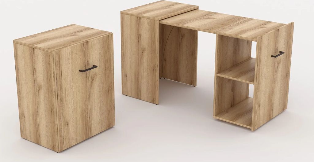 A wooden desk and a matching storage unit are shown against a white background.