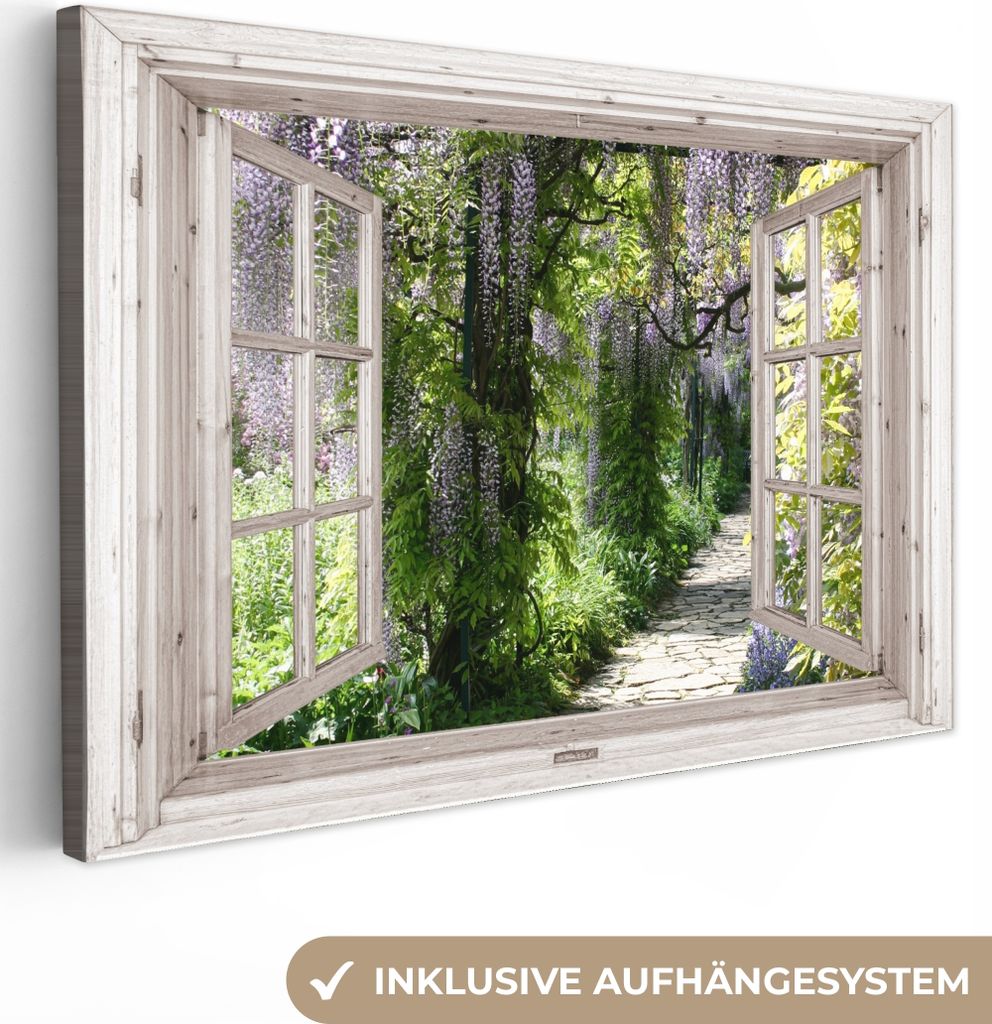 MuchoWow - Leinwandbilder - Blauer Regen - Blumen - Aussicht - Baum - Frühling, Wandbild, Wanddeko Bilder Wohnzimmer, 60x40 cm