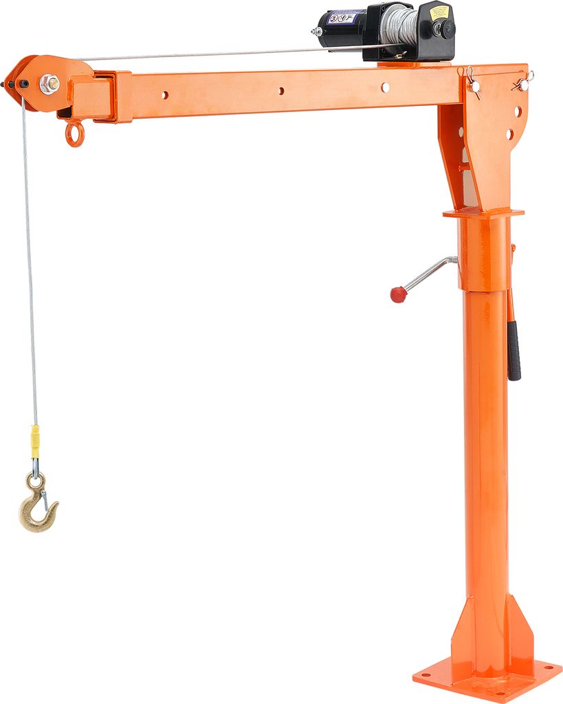 An orange steel pickup truck crane with an electric winch and hook, isolated on a white background.