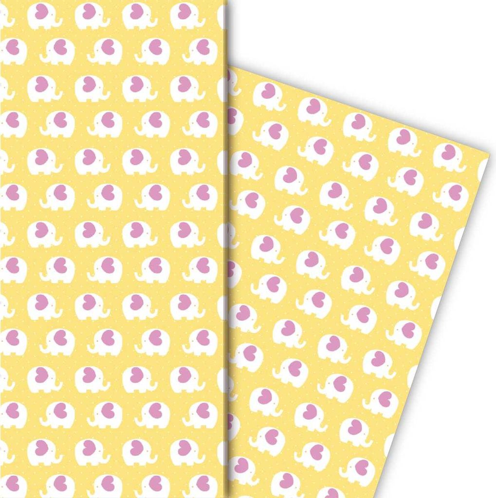 Herziges Elefanten Geschenkpapier nicht nur für Babys, rosa auf gelb - G5148, 32 x 48cm
