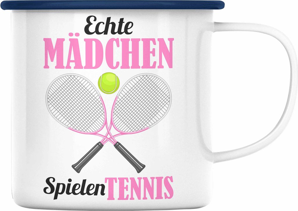Trendation - Tennis Mädchen Frauen Geschenk Trainer Coach Tennisspielerin Geschenkidee Emaille Emaille Tasse (Blau)