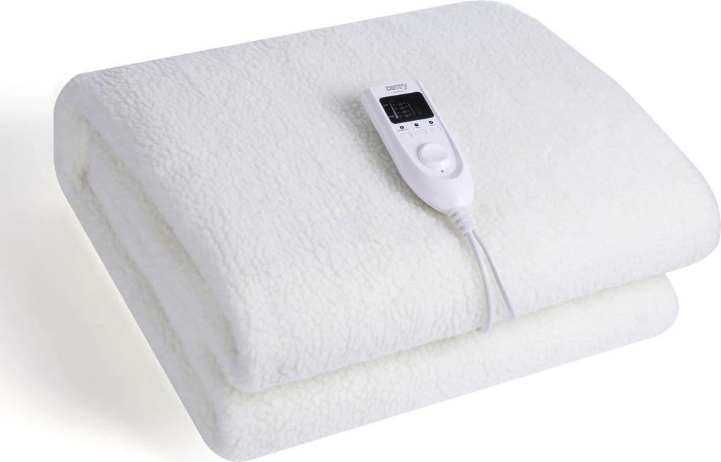 A white electric blanket folded on a white surface.