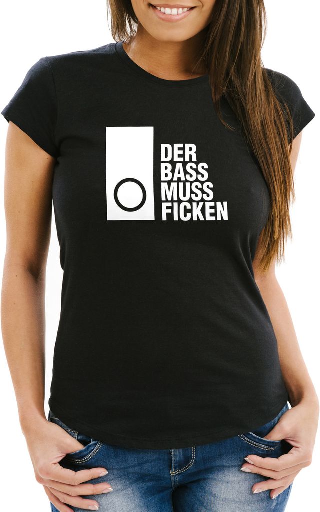 Damen T-Shirt Techno Spruch Der Bass muss Ficken Party Festival Rave Moonworks schwarz XXL