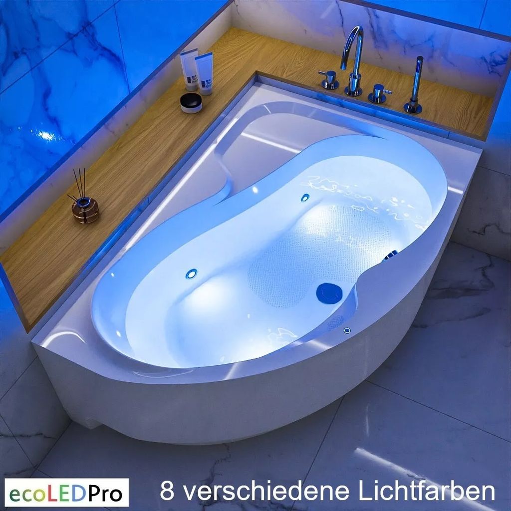 ECOLAM Badewanne LED Beleuchtung WELA 160x100 cm RECHTS | Eckwanne Antirutsch Beschichtung | Unterwasserbeleuchtung 8 Farben | Schürze Ablaufgar...