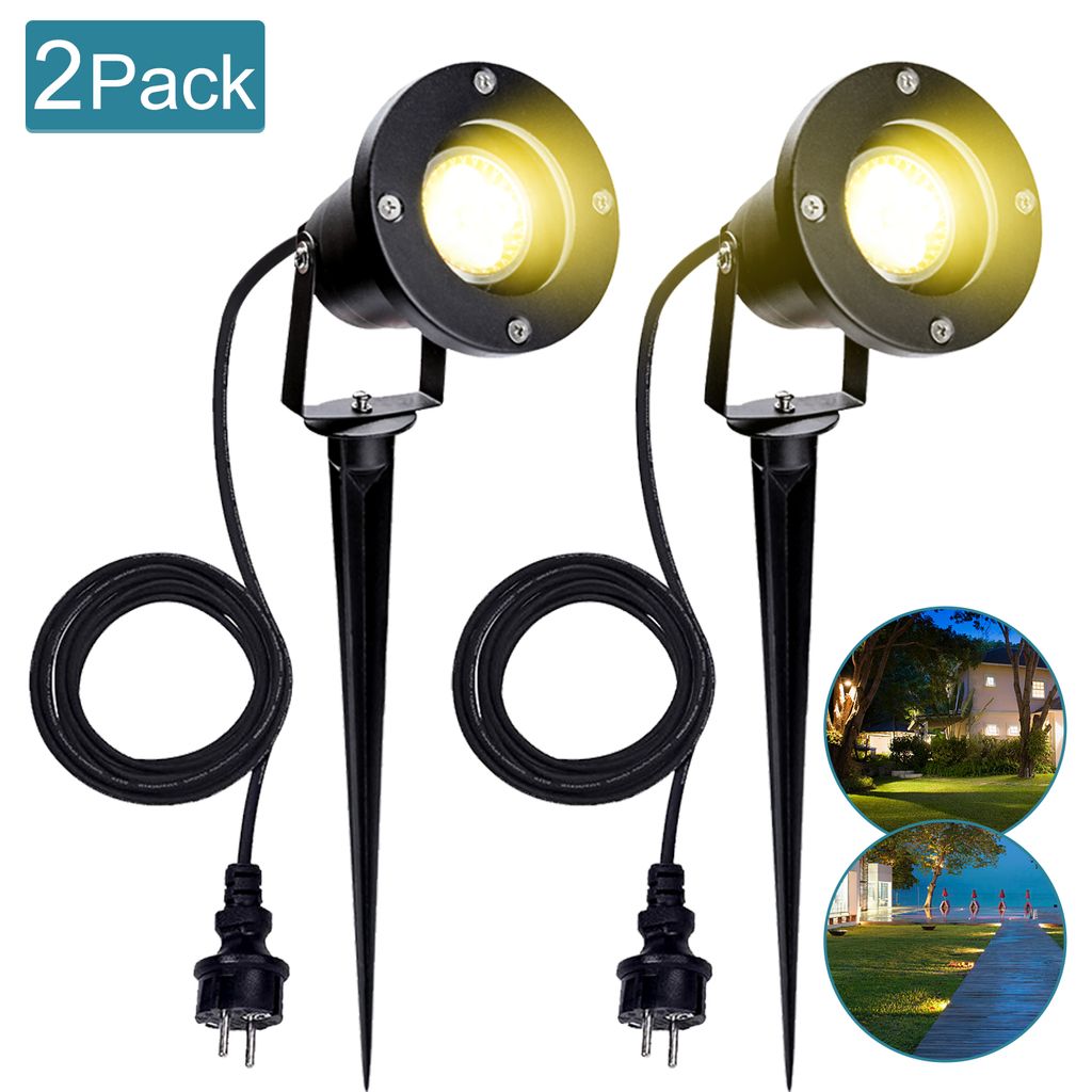 Wolketon 2er pack Gartenstrahler mit Stecker&Erdspiess, 4w GU10 LED Warmweiss, IP65 Wasserdicht Aussen-Gartenbeleuchtung fuer Terrassen Gaerten Ras...