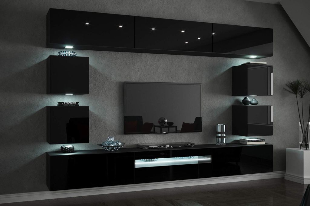 Furnitech Wohnwand Wohnzimmer - Wohnzimmer Möbel mit LED RGB - Hängend Wohnwand Modern Schrankwand mit Regale und TV Schrank (Future C81-HG-B1 1A...