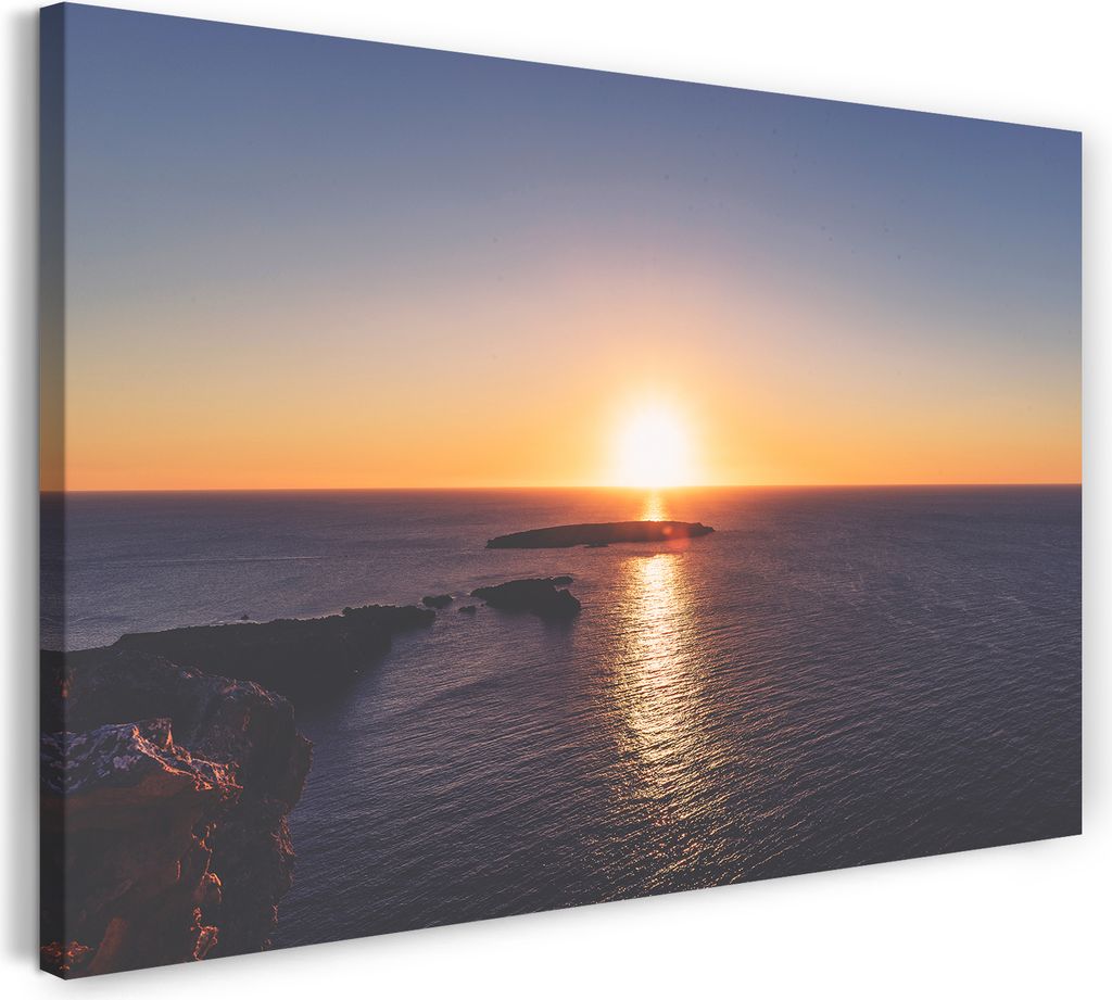 Leinwandbild (120x80cm): Sonnenuntergang am Meeres-Horizont, blau, Rotstich, gelb, echter Holz-Keilrahmen inkl. Aufhänger, handgefertigt in Deutsc...