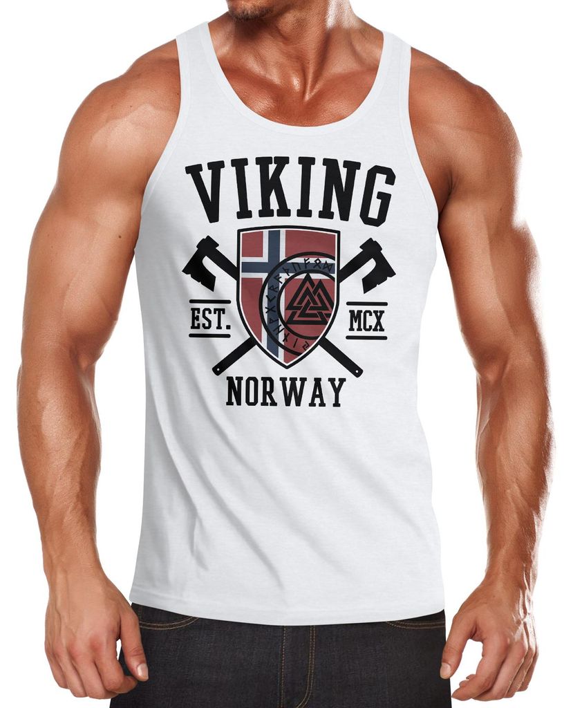 Herren Tank-Top Viking Norway Norwegen Flagge Wikinger nordisch Muskelshirt Muscle Shirt Neverless weiß L