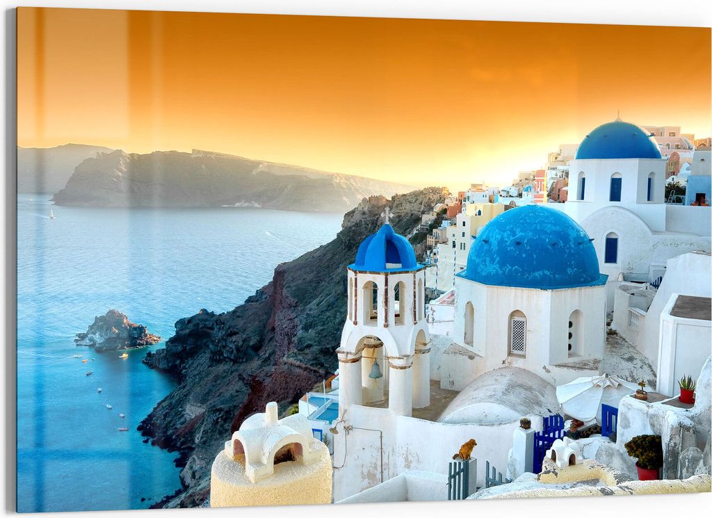 DEQORI Glasbild Echtglas 90x60 cm 'Blaue Kuppeln von Oia' Wandbild Bild modern Deko