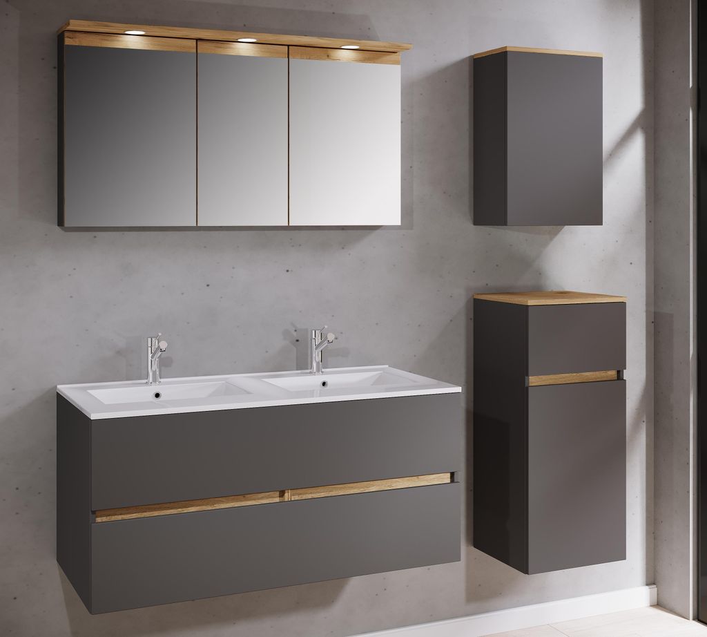 VCM 5-tlg. Doppelwaschtisch Cosila mit Doppel Keramikbecken – Badschrank H. 51 x B. 111 x T. 51 cm mit 2 Softclose-Schubladen, Spiegelschrank mi...
