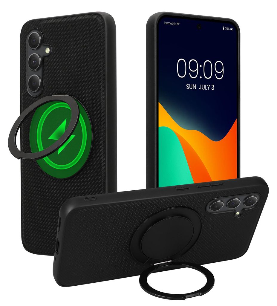 kwmobile Hülle für Samsung Galaxy A54 5G Handyhülle - Case kompatibel mit MagSafe - Cover mit Ringständer - Kunstleder Carbon Look in Schwarz