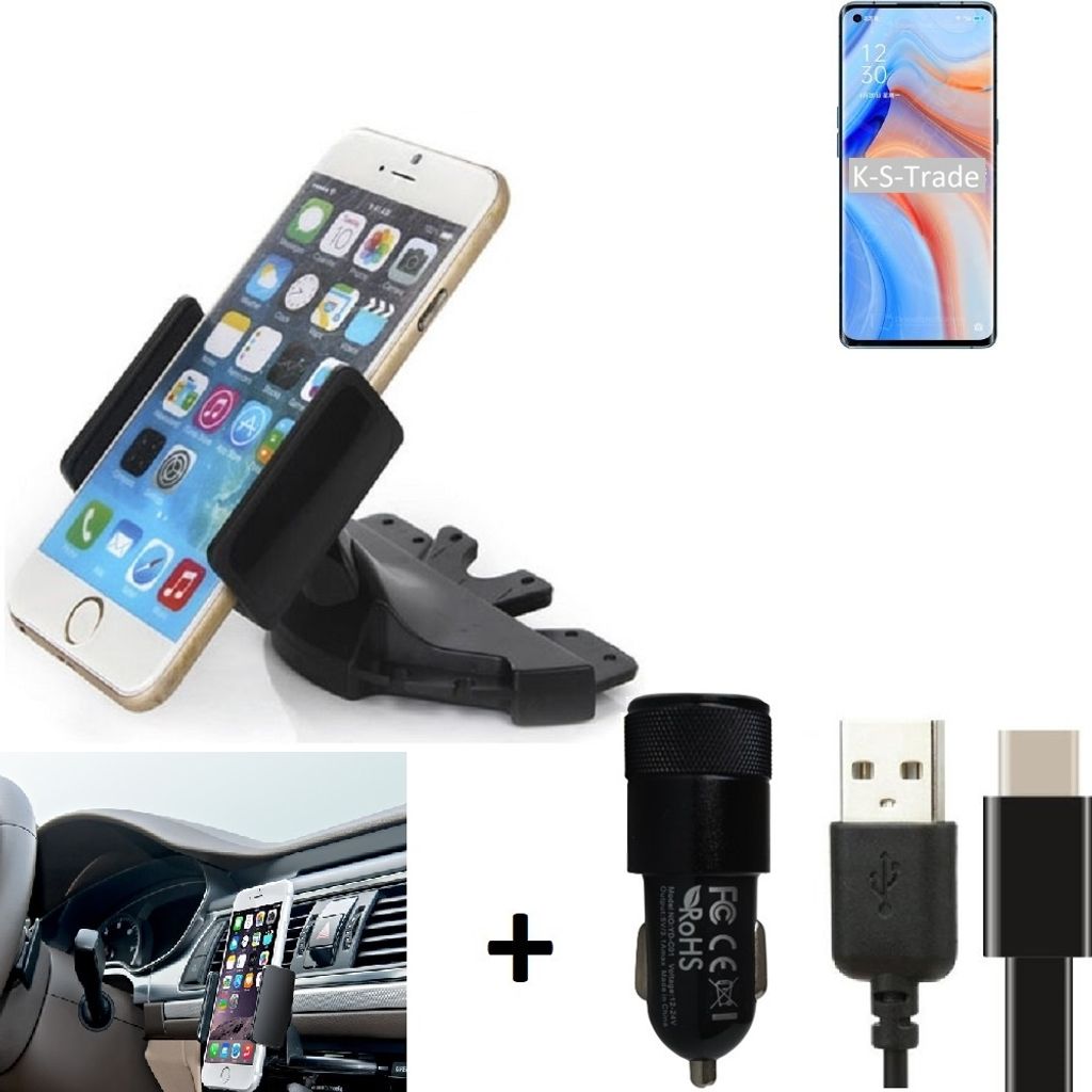 K-S-Trade CD Schlitz Handy-Halterung kompatibel mit Oppo K7x Autohalterung KFZ-Halter Radio Handy Halterung 360° drehbar CD-Schacht inkl. USB-C