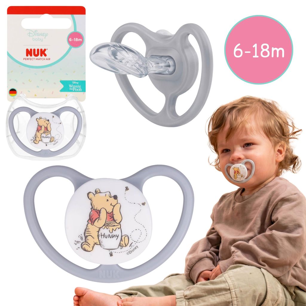NUK DISNEY Winnie Puuh Air Beruhigungssauger, kiefergerecht, aus Silikon, für Babys 6–18 Monate, mit Etui