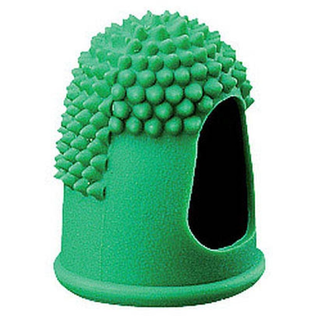 A green finger cot with a textured, spiky top and an opening on the side.