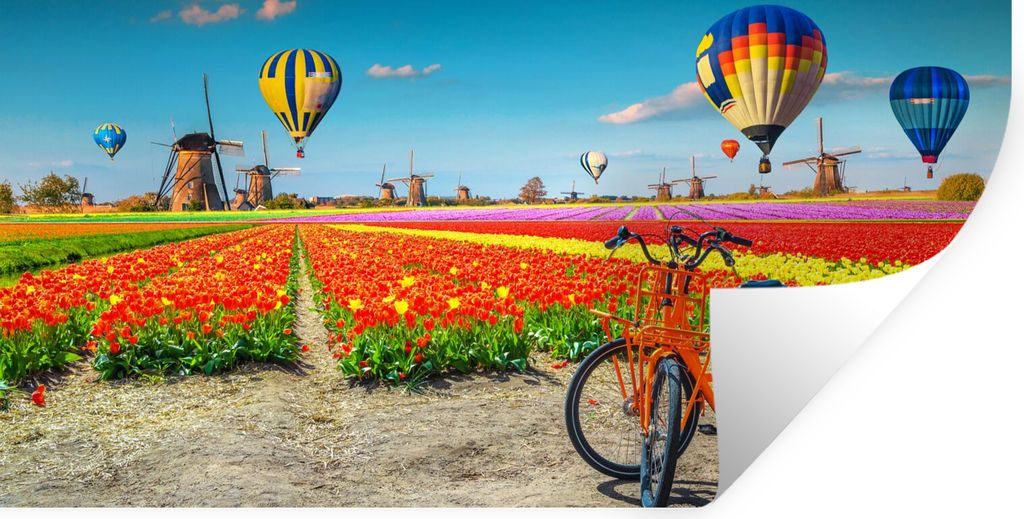 MuchoWow Wandtattoo Wandsticker Wandaufkleber Heißluftballon - Orange - Tulpen 160x80 cm Selbstklebend und Repositionierbar - Sticker - Dekorfolie