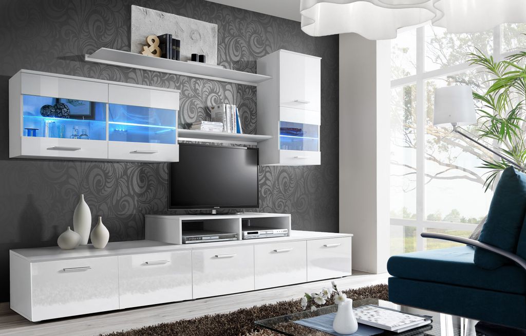 Wohnwand Anbauwand Wohnzimmer Schrankwand LOGO II WW mit Hochglanz LED Beleuchtung