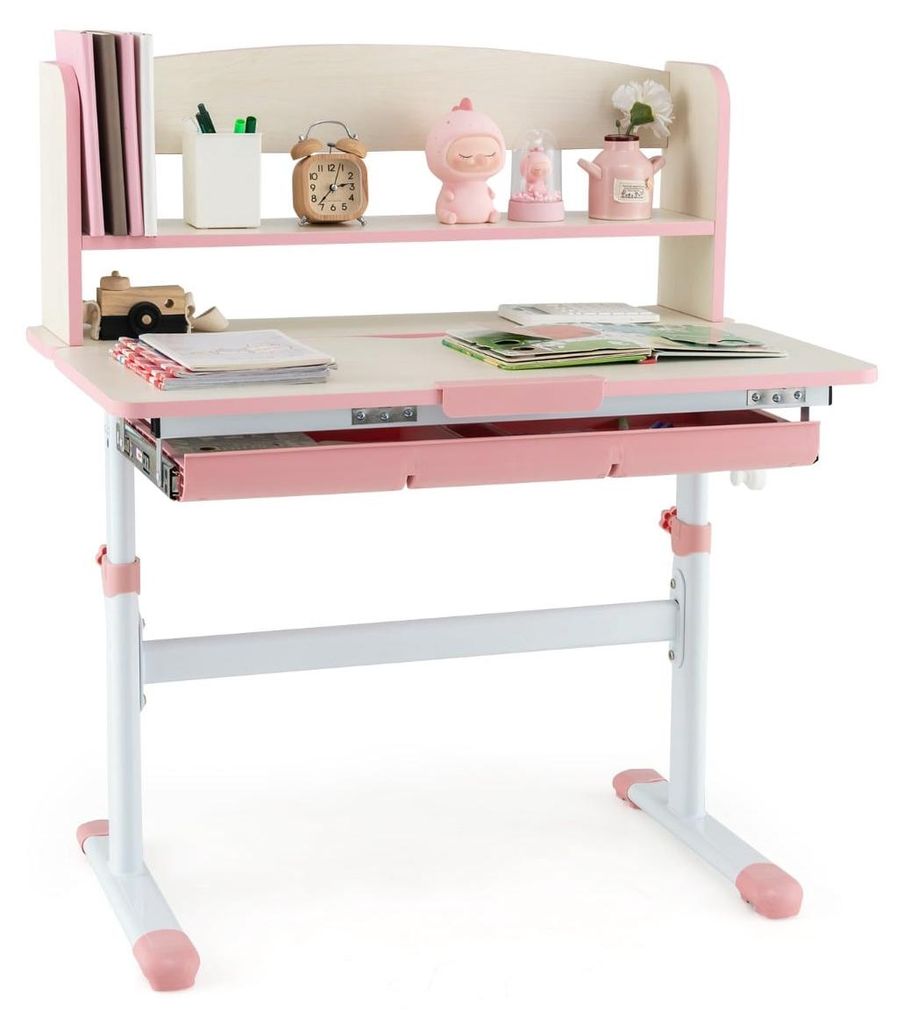 Verstellbarer Kinderschreibtisch mit neigbarer Tischplatte, Schublade und Ablage - Rosa
