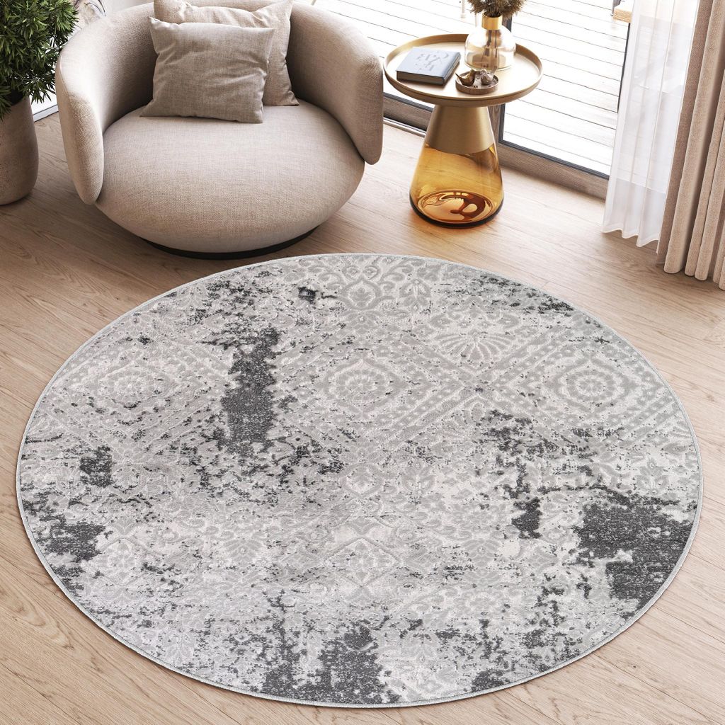 Tapiso Teppich SKY Rund Modern Hellgrau Beige Wohnzimmer 80 x 80 cm