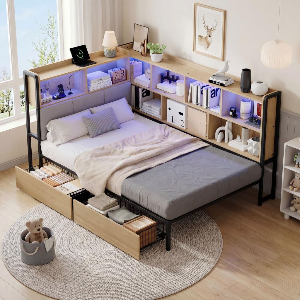 MODFU Schlafsofa Tagesbett 90x200 mit Matratze,USB und Type C-Ladestation Jugendbett Funktionsbett mit mit LED-Beleuchtung und 2 Schubladen Einzelb...