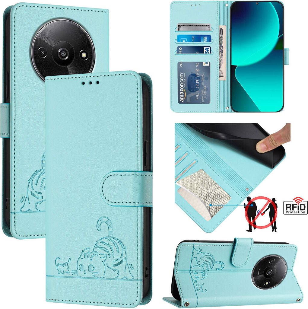 Leder Hülle für Xiaomi Poco C61 /Redmi A3 Süße Katze Flip Case Brieftasche Schutzhülle mit Standfunktion hellgrün