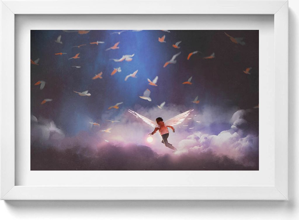 Junge mit Engelsflügeln– Wandbild mit Rahmen – Gerahmtes Bild – Wanddekoration – 30x20 cm – Weiß Rahmen