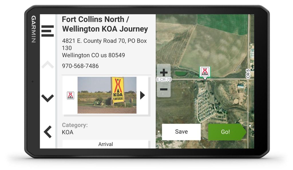 A Garmin GPS device displaying a map and location details for a KOA campground.