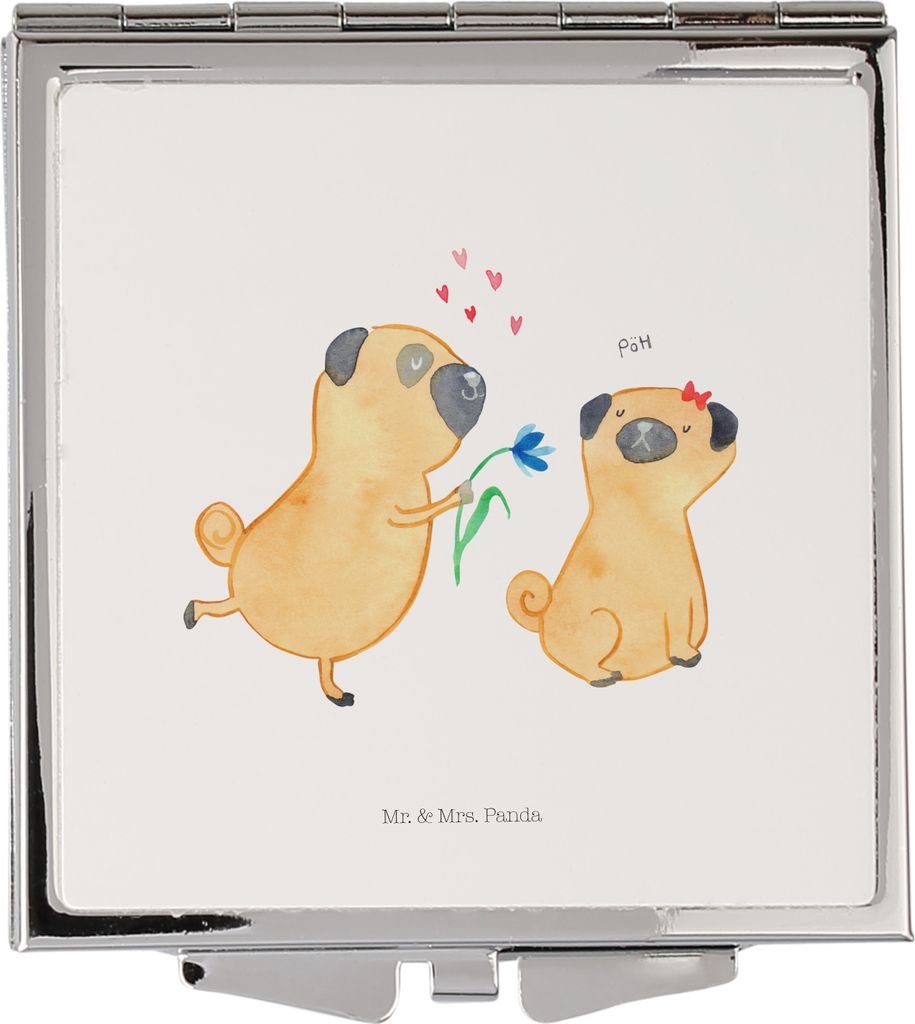 Mr. & Mrs. Panda Handtaschenspiegel quadratisch Mops Verliebt - Weiß - Geschenk, Klappspiegel, Hund, Knuffig, Kosmetikspiegel, Frauen Spiegel, Kle...