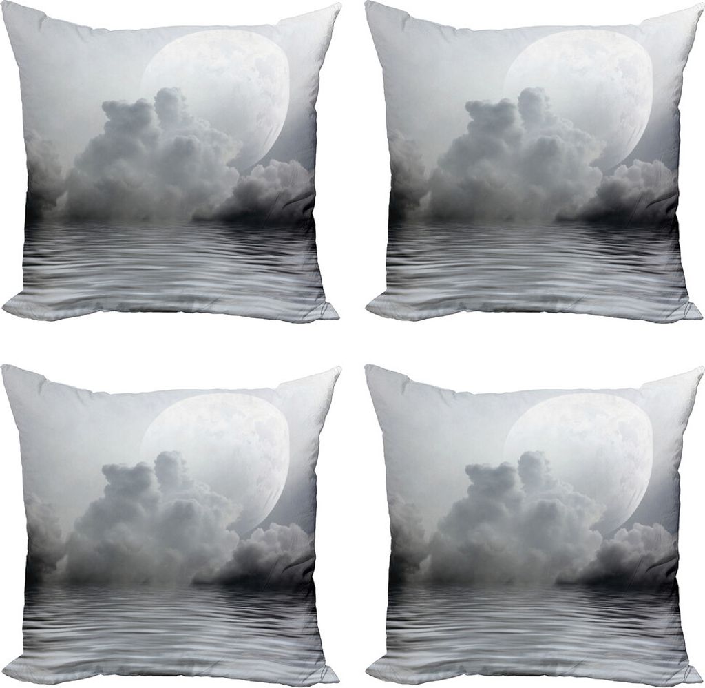 ABAKUHAUS Mond Kissenbezug Set (4 Stück), Ruhiges Wasser und Twilight Himmel, Moderner Doppelseitiger Digitaldruck, 40 cm x 40 cm, grau Purpleblue