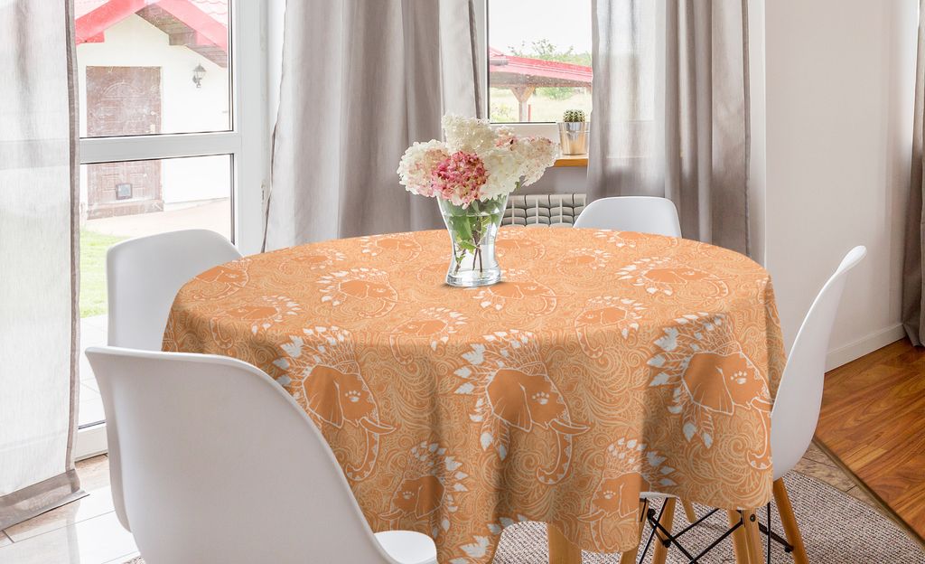 ABAKUHAUS Boho Runde Tischdecke, Elephant Federn, Kreis Tischdecke Abdeckung für Esszimmer Küche Dekoration, 150 cm, Pale Orange Weiss