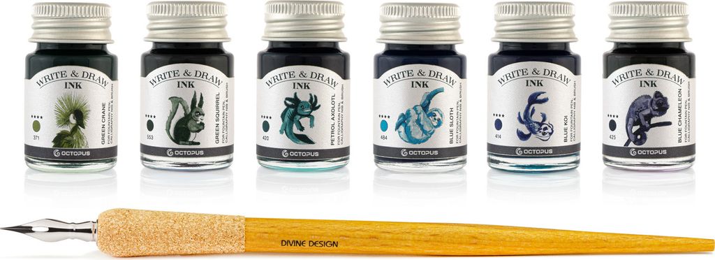 Write and Draw Ink Set RIVER, Zeichentusche, 6 x 10 ml mit Schreibfeder