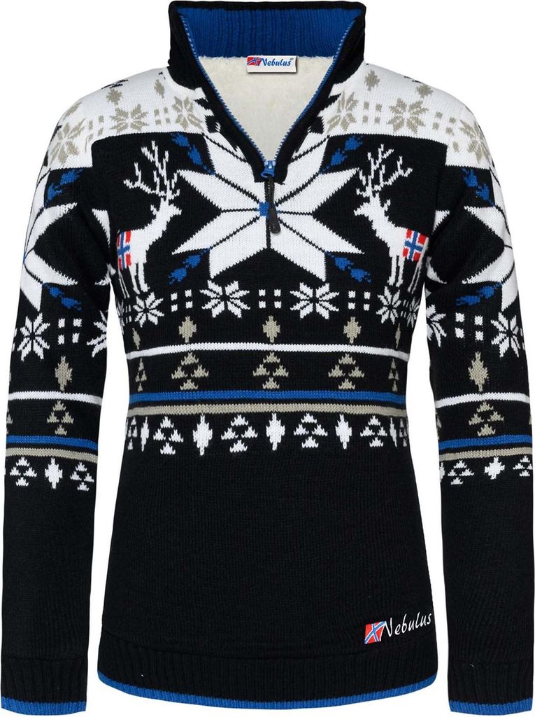 Nebulus Norweger Strickpulli mit Teddyfell FRIA Damen, gefütterte Jacke , warm und flauschig , P4719 - Damen, schwarz-weiß, XL/42