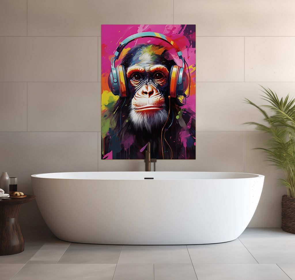 Wallario wasserfestes Poster selbstklebend 70 x 100 cm, Schimpanse mit ernstem Blick, Badezimmerposter Spritzschutz mit Hochglanzoberfläche in Gla...