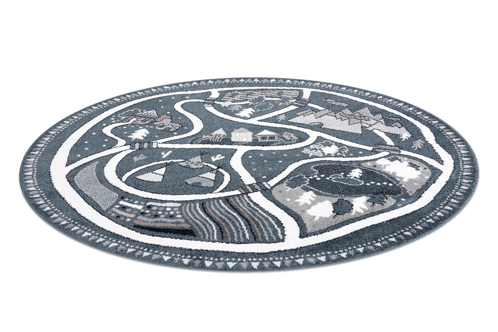 Teppich FUN Land für Kinder, Dorf, Straßen, Kreis - blau Blau rund 140 cm