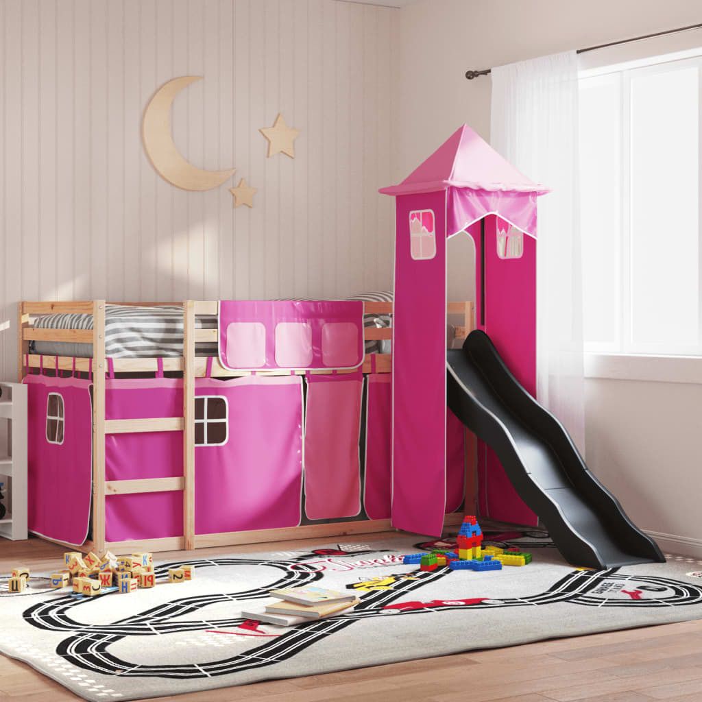 "Winterschlussverkauf "Etagenbett/Bettrahmen - CLORIS - Einzelbett - Kinderbett mit Rutsche und Gardinen Rosa 90x190 cm - Einfache Montage - - NeuM...