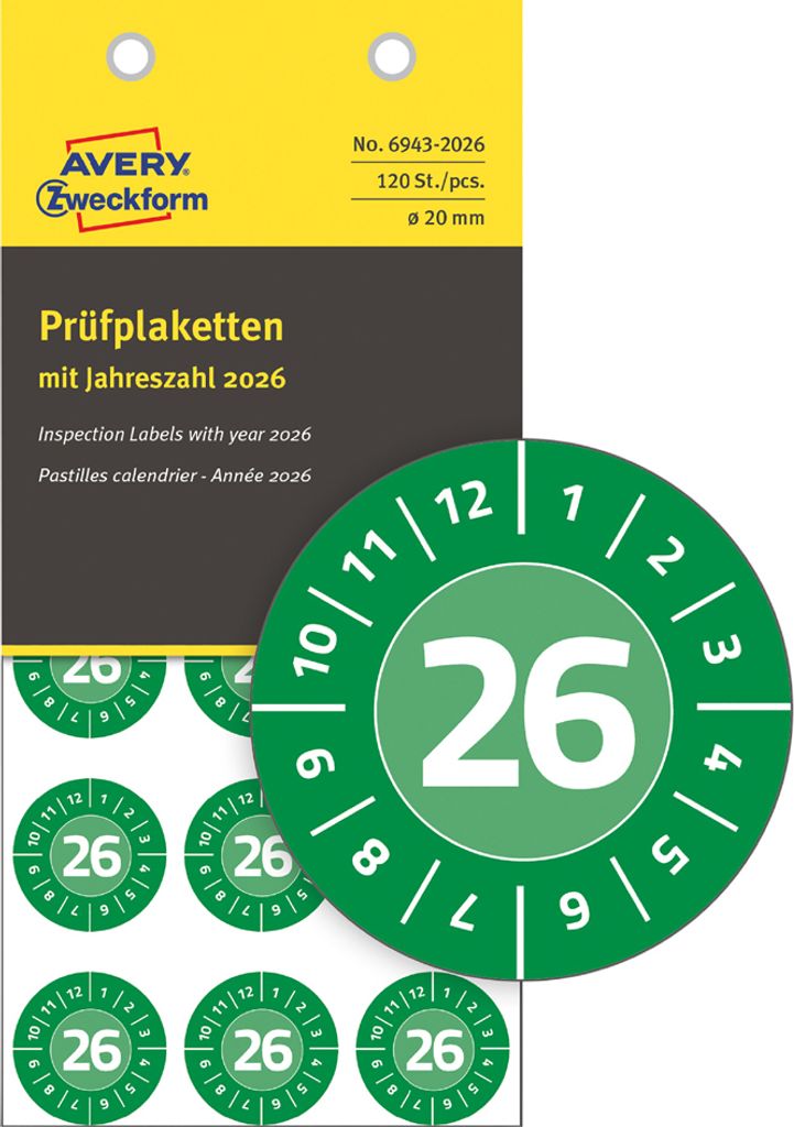 AVERY Zweckform Prüfplaketten 2026 Vinyl grün 30 mm 80 Etiketten
