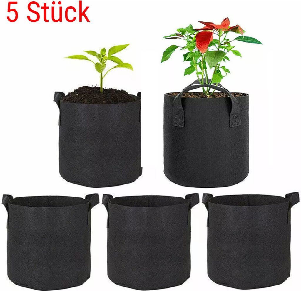 A product shot of five black fabric grow bags, two of which contain small plants.