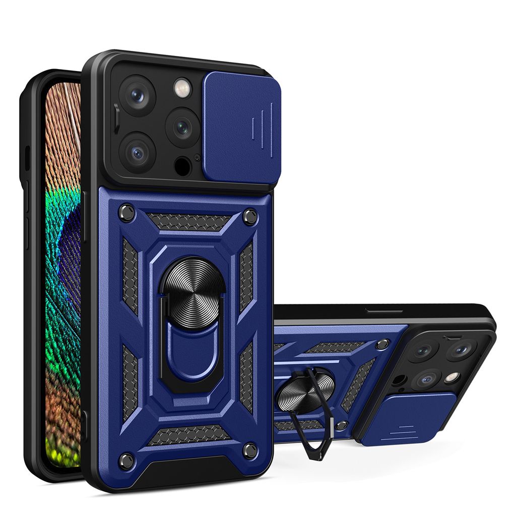 Hybrid Armor Camshield Hülle mit Ständer und Kameraabdeckung für iPhone 15 Pro Max - Blau