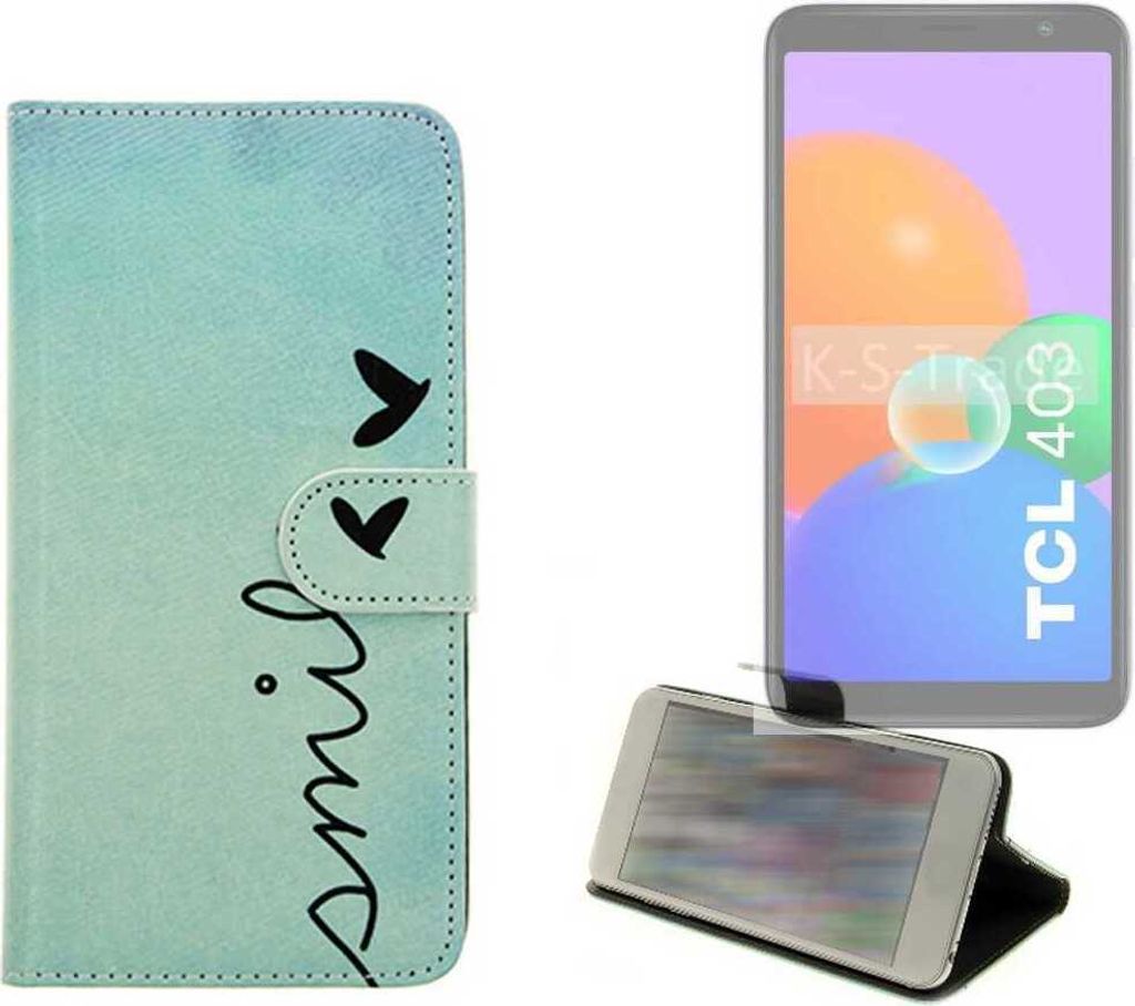 K-S-Trade Schutz Hülle Handy Hülle kompatibel mit TCL 403 Hülle Handyhülle cover bookstyle Etui Handyhülle “smile“ türkis Standfunktion