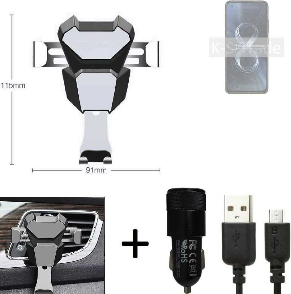 K-S-Trade KFZ Halterung kompatibel mit Asus 8z Halterung Lüftungshalterung Lüftungsschlitz schwarz-silber Autohalterung Handy inkl. KFZ Ladegerät