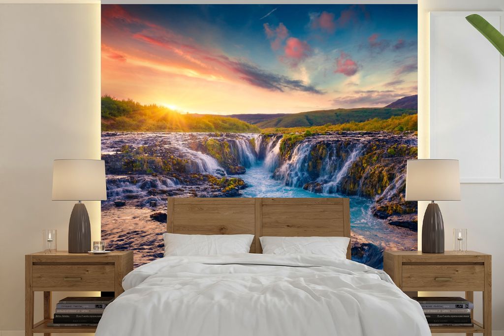 MuchoWow Fototapete für Wohnzimmer oder Schlafzimmer Wandtapete Vinyl Motivtapete Wasserfall - Pflanzen - Moos - Landschaft - Sonnenuntergang - ...