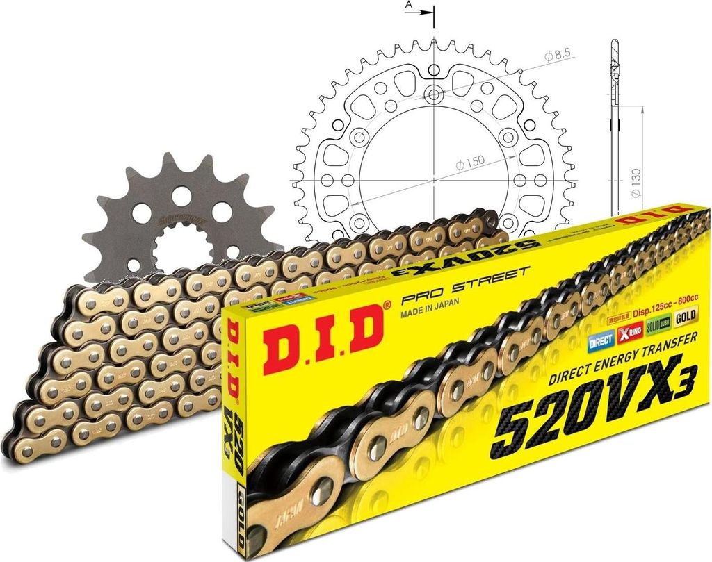 DID Kit Stealth (gold) Kompatibel mit Honda NX650 Dominator (32KW/... 15-47-110 DID520VX3(G&B) Endlos