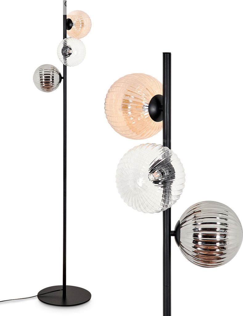 Garaguso Stehlampe aus Metall/Riffelglas in Schwarz/Rauch/Bernstein/Klar