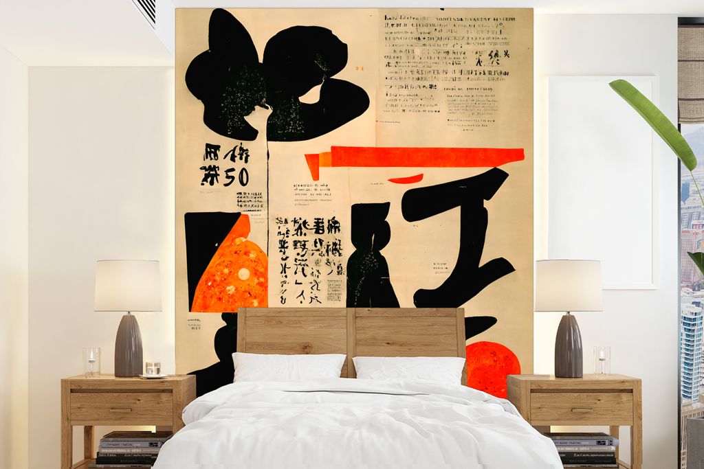 MuchoWow Fototapete für Wohnzimmer oder Schlafzimmer Wandtapete Vinyl Motivtapete Vintage - Rot - Schwarz - Vintage - Japanisch - 160x220 cm - B...