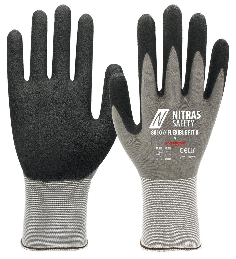 NITRAS FLEXIBLE FIT K, Montagehandschuhe, grau / schwarz, EN 388, EN 407, KYORENE-Spezialgarn | Packung (12 Paare)