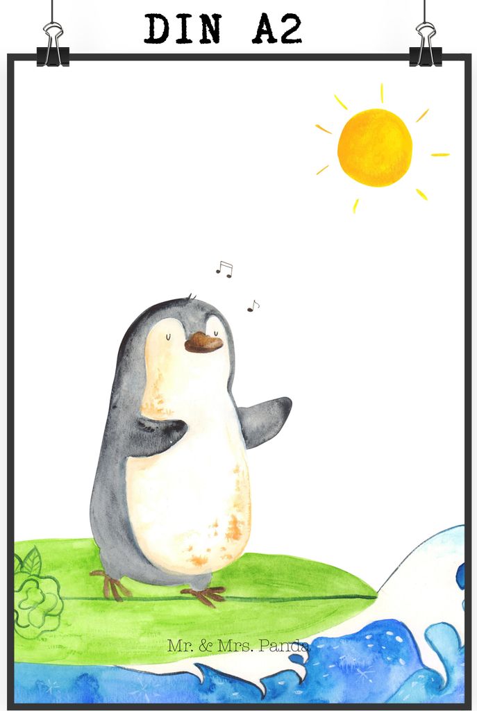 Mr. & Mrs. Panda Bild Pinguin Surfer DIN A2 - Weiß - Geschenk, wanddeko, Portugal, Optimistisch, drucke, Motiviert, Urlaub, Wandbild, Plakat, Deko...