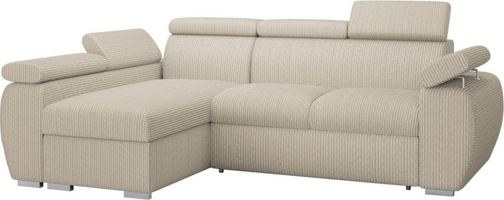 MIRJAN24 Ecksofa Boston Mini Premium Cord mit Bettkasten und Schlaffunktion, Einstellbare Kopfstützen, L-Form (Farbe: Poso 100, Seite: Links LC+2R)