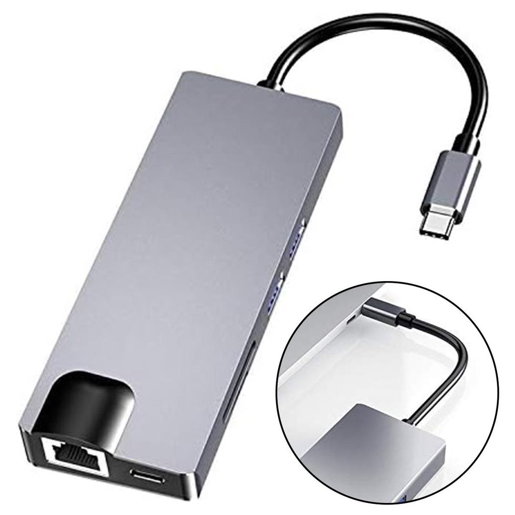 USB C Hub Multiport Adapter, HW-TC12 8-in-1 Typ-C/USB-C Multifunktions-Erweiterungs-Hub-Adapter HDMI/VGA-Hub Kartenleser + Netzwerkkarte