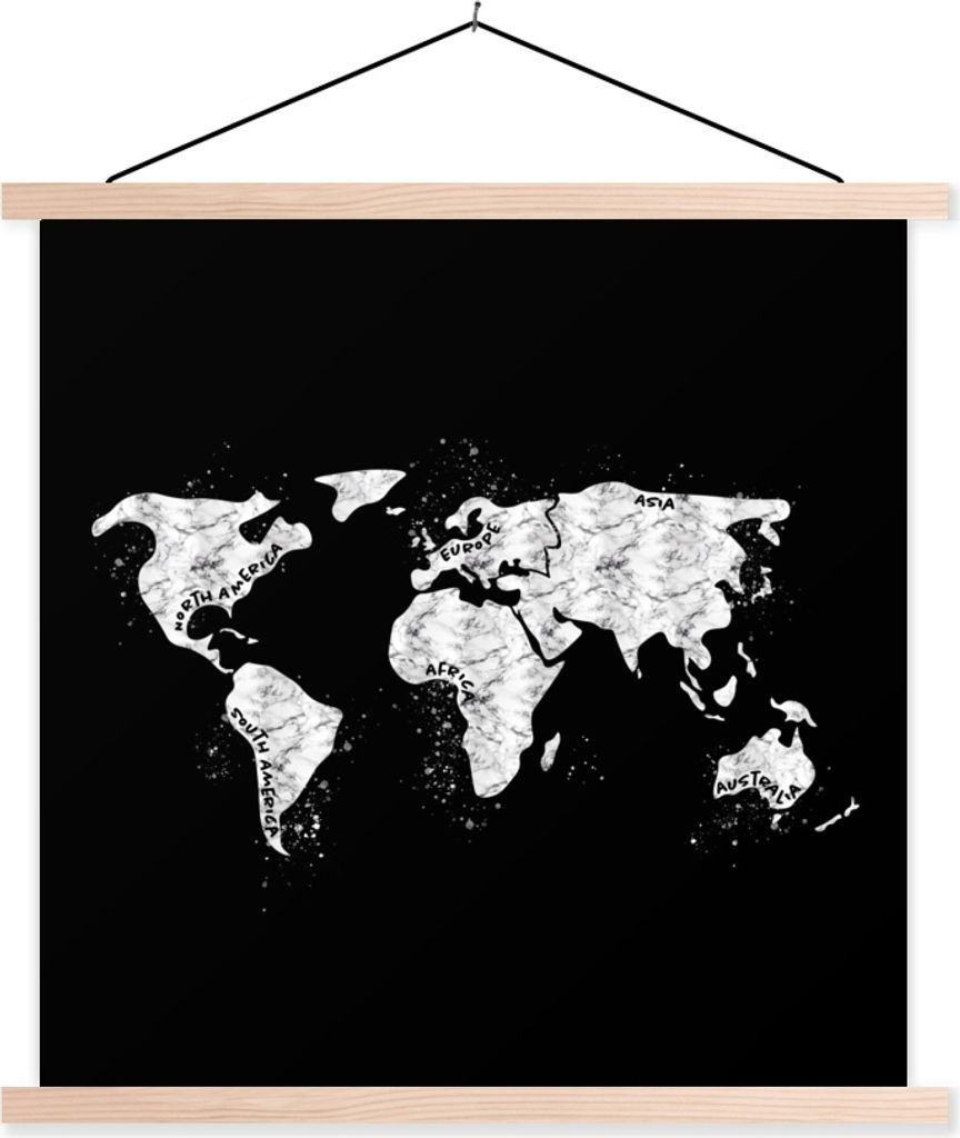 MuchoWow Textilposter Weltkarte - Marmor - Schwarz - Weiß 40x40 cm mit holzfarbenen Rahmen - Posterleiste